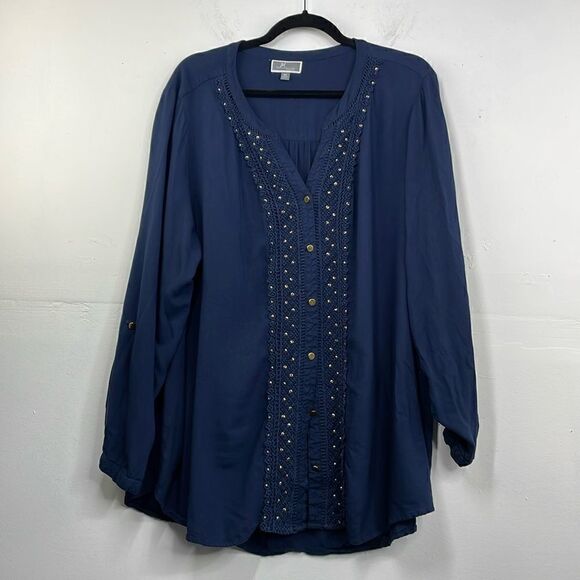 JM Collection Woman Boho V Neck Front Button Closure Navy with Gold detail 3X - Picture 1 of 8